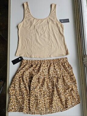 Boho Crop Top & Yellow Floral Tiered Skirt Set - Women's Size L (fits like XL)